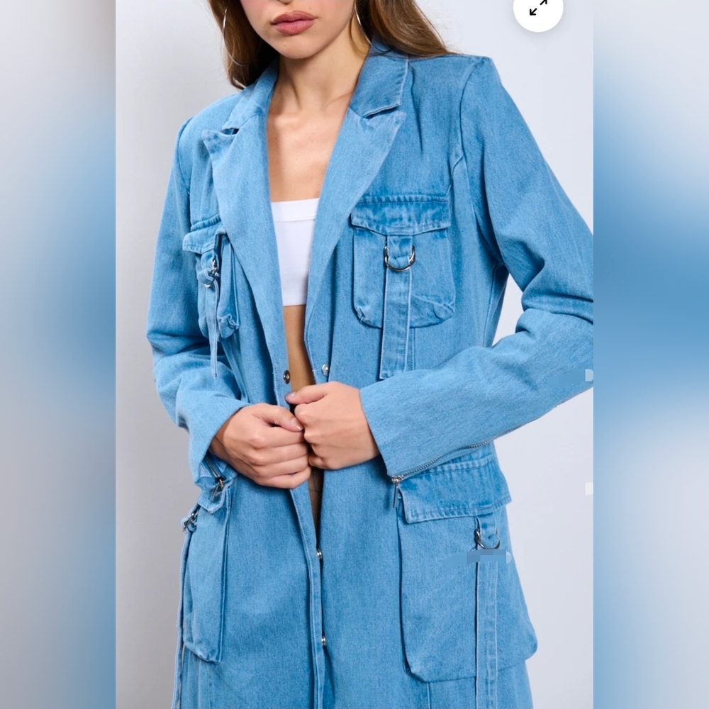 Women's Blue Denim Long Coat - Picture 4 of 5